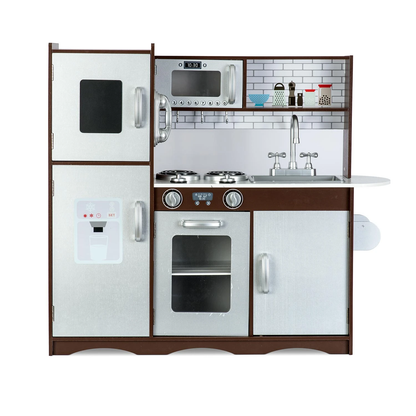 Set bucatarie copii DacEnergy, realizata din lemn si placa mdf, frigider cu tabla de scris, congelator, cuptor cu microune, telefon, aragaz si cuptor, chiuveta, 92 x 82,5 x 30 cm, gri si maro