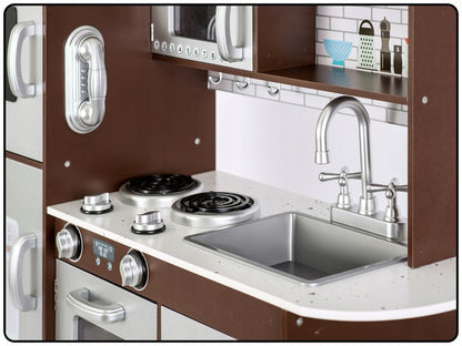 Set bucatarie copii DacEnergy, realizata din lemn si placa mdf, frigider cu tabla de scris, congelator, cuptor cu microune, telefon, aragaz si cuptor, chiuveta, 92 x 82,5 x 30 cm, gri si maro