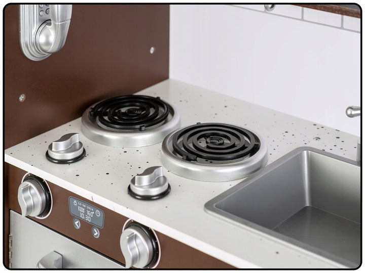 Set bucatarie copii DacEnergy, realizata din lemn si placa mdf, frigider cu tabla de scris, congelator, cuptor cu microune, telefon, aragaz si cuptor, chiuveta, 92 x 82,5 x 30 cm, gri si maro