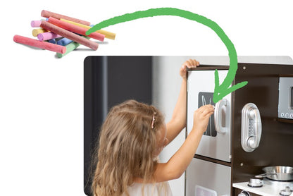 Set bucatarie copii DacEnergy, realizata din lemn si placa mdf, frigider cu tabla de scris, congelator, cuptor cu microune, telefon, aragaz si cuptor, chiuveta, 92 x 82,5 x 30 cm, gri si maro