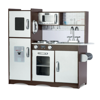 Set bucatarie copii DacEnergy, realizata din lemn si placa mdf, frigider cu tabla de scris, congelator, cuptor cu microune, telefon, aragaz si cuptor, chiuveta, 92 x 82,5 x 30 cm, gri si maro