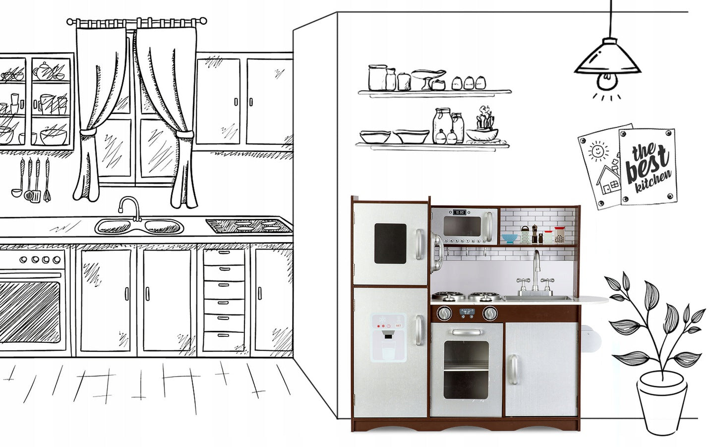 Set bucatarie copii DacEnergy, realizata din lemn si placa mdf, frigider cu tabla de scris, congelator, cuptor cu microune, telefon, aragaz si cuptor, chiuveta, 92 x 82,5 x 30 cm, gri si maro