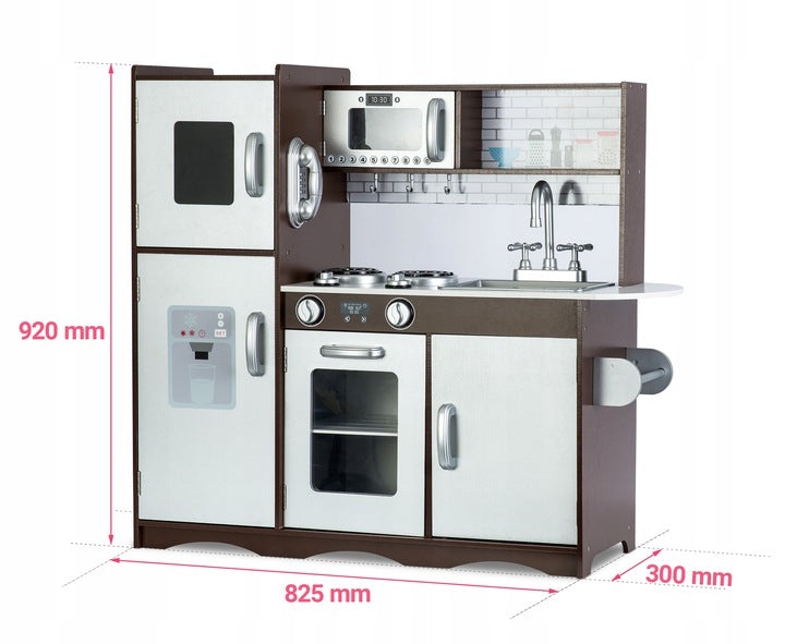 Set bucatarie copii DacEnergy, realizata din lemn si placa mdf, frigider cu tabla de scris, congelator, cuptor cu microune, telefon, aragaz si cuptor, chiuveta, 92 x 82,5 x 30 cm, gri si maro