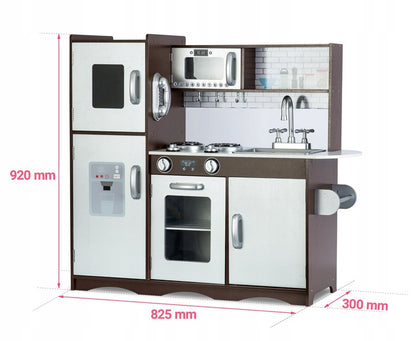 Set bucatarie copii DacEnergy, realizata din lemn si placa mdf, frigider cu tabla de scris, congelator, cuptor cu microune, telefon, aragaz si cuptor, chiuveta, 92 x 82,5 x 30 cm, gri si maro