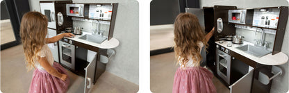 Set bucatarie copii DacEnergy, realizata din lemn si placa mdf, frigider cu tabla de scris, congelator, cuptor cu microune, telefon, aragaz si cuptor, chiuveta, 92 x 82,5 x 30 cm, gri si maro