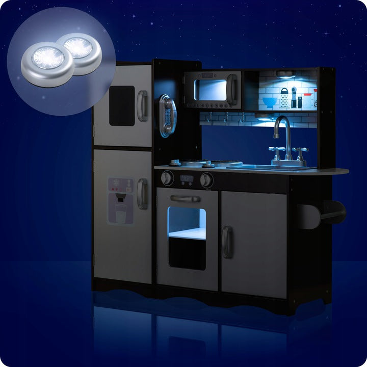 Set bucatarie copii DacEnergy, realizata din lemn si placa mdf, frigider cu tabla de scris, congelator, cuptor cu microune, telefon, aragaz si cuptor, chiuveta, 92 x 82,5 x 30 cm, gri si maro