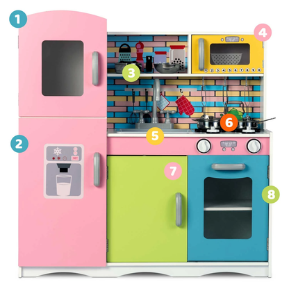 Set bucatarie copii DacEnergy, realizata din lemn si placa mdf, dotata cu accesorii gatit, iluminat Led, frigider, dulap, aragaz si cuptor, chiuveta, cuptor microunde, 85 x 80,5 x 30,5 cm, roz