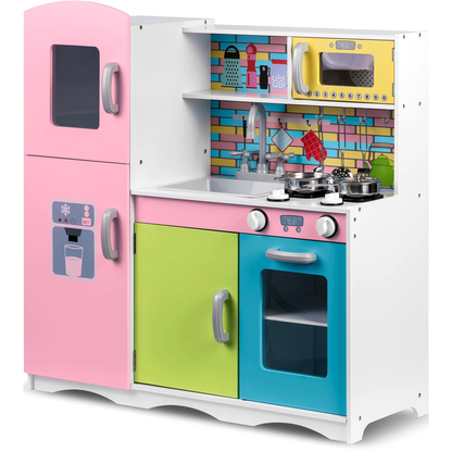 Set bucatarie copii DacEnergy, realizata din lemn si placa mdf, dotata cu accesorii gatit, iluminat Led, frigider, dulap, aragaz si cuptor, chiuveta, cuptor microunde, 85 x 80,5 x 30,5 cm, roz