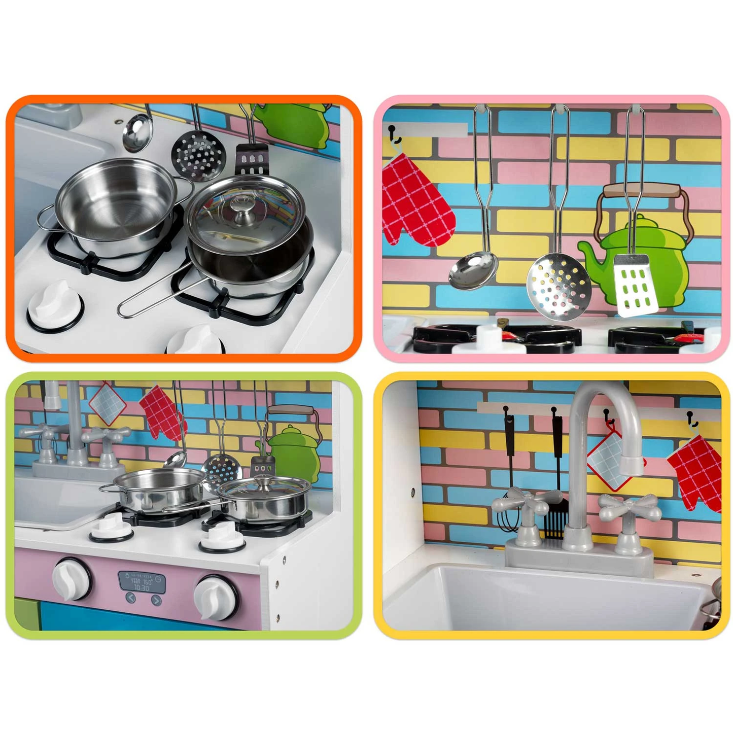 Set bucatarie copii DacEnergy, realizata din lemn si placa mdf, dotata cu accesorii gatit, iluminat Led, frigider, dulap, aragaz si cuptor, chiuveta, cuptor microunde, 85 x 80,5 x 30,5 cm, roz