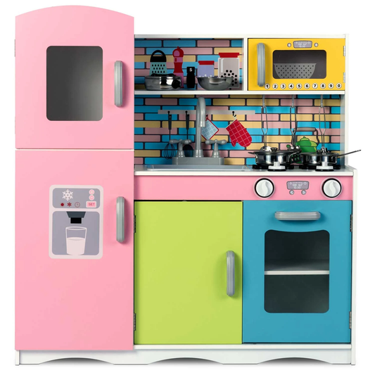 Set bucatarie copii DacEnergy, realizata din lemn si placa mdf, dotata cu accesorii gatit, iluminat Led, frigider, dulap, aragaz si cuptor, chiuveta, cuptor microunde, 85 x 80,5 x 30,5 cm, roz