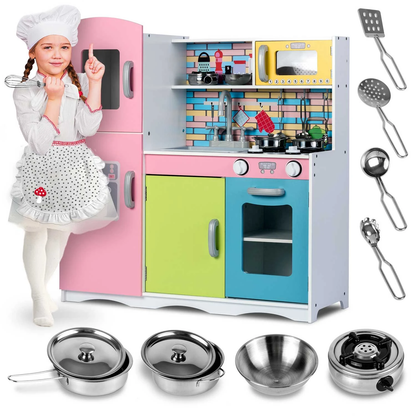 Set bucatarie copii DacEnergy, realizata din lemn si placa mdf, dotata cu accesorii gatit, iluminat Led, frigider, dulap, aragaz si cuptor, chiuveta, cuptor microunde, 85 x 80,5 x 30,5 cm, roz