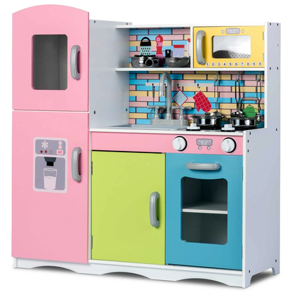 Set bucatarie copii DacEnergy, realizata din lemn si placa mdf, dotata cu accesorii gatit, iluminat Led, frigider, dulap, aragaz si cuptor, chiuveta, cuptor microunde, 85 x 80,5 x 30,5 cm, roz