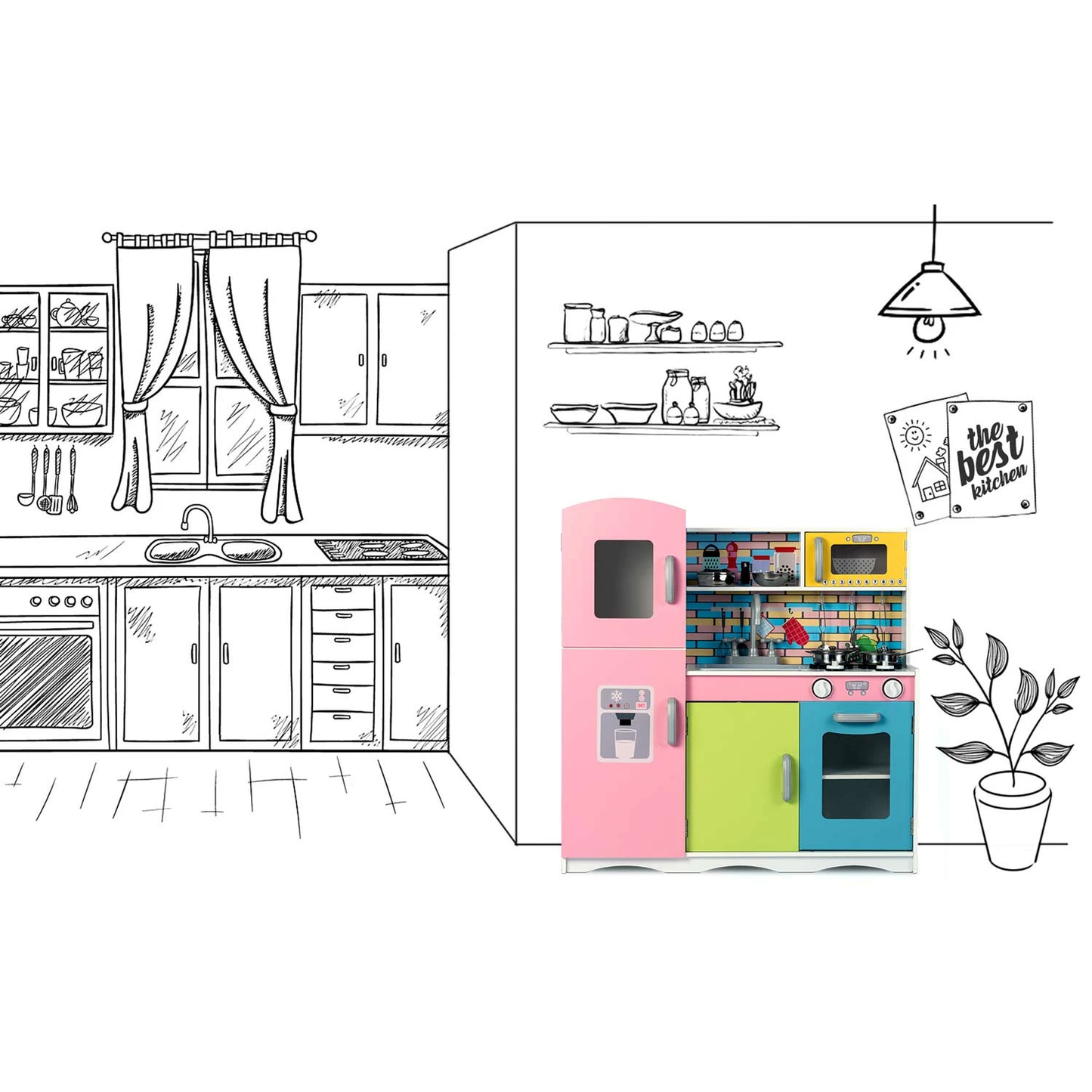 Set bucatarie copii DacEnergy, realizata din lemn si placa mdf, dotata cu accesorii gatit, iluminat Led, frigider, dulap, aragaz si cuptor, chiuveta, cuptor microunde, 85 x 80,5 x 30,5 cm, roz