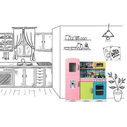 Set bucatarie copii DacEnergy, realizata din lemn si placa mdf, dotata cu accesorii gatit, iluminat Led, frigider, dulap, aragaz si cuptor, chiuveta, cuptor microunde, 85 x 80,5 x 30,5 cm, roz