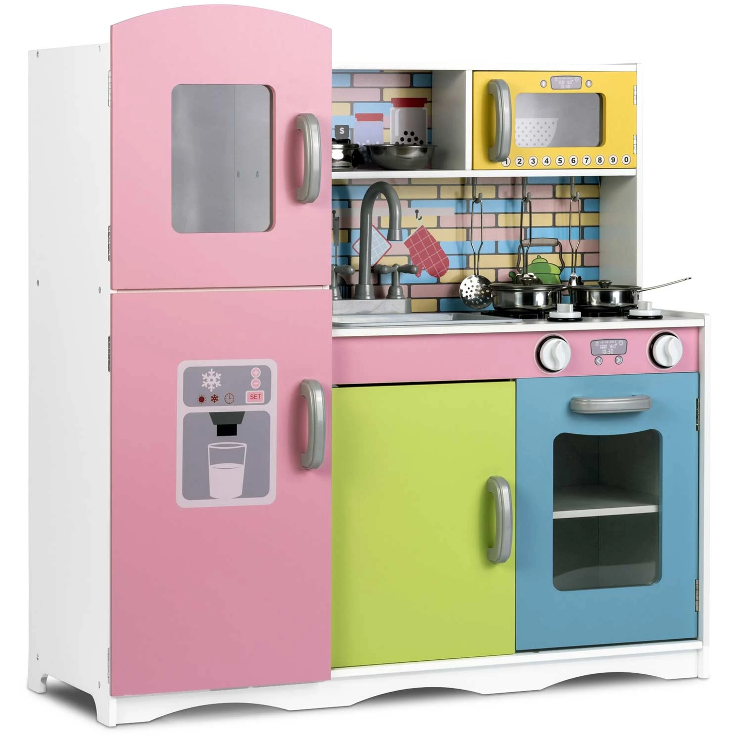 Set bucatarie copii DacEnergy, realizata din lemn si placa mdf, dotata cu accesorii gatit, iluminat Led, frigider, dulap, aragaz si cuptor, chiuveta, cuptor microunde, 85 x 80,5 x 30,5 cm, roz