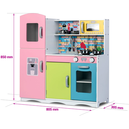 Set bucatarie copii DacEnergy, realizata din lemn si placa mdf, dotata cu accesorii gatit, iluminat Led, frigider, dulap, aragaz si cuptor, chiuveta, cuptor microunde, 85 x 80,5 x 30,5 cm, roz
