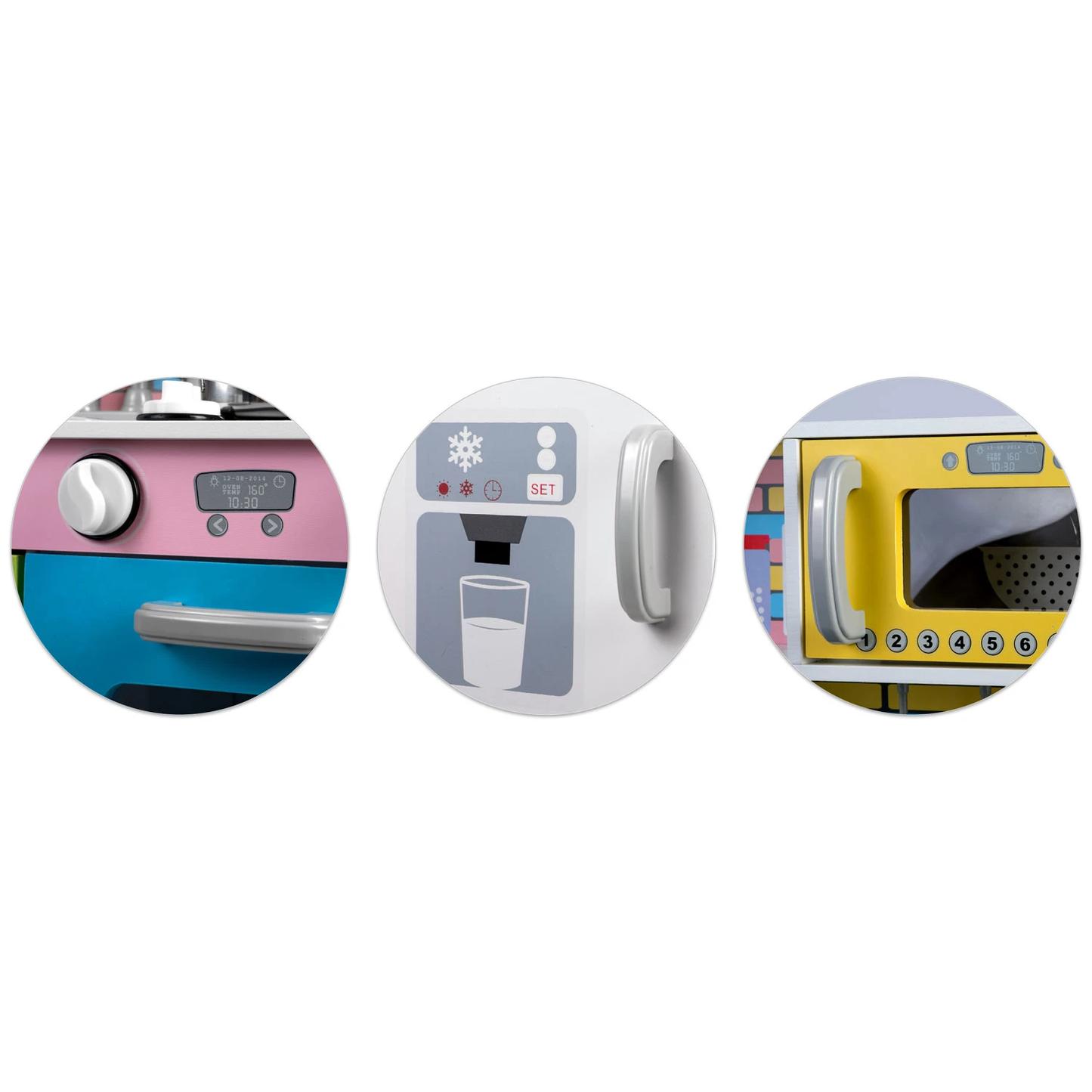 Set bucatarie copii DacEnergy, realizata din lemn si placa mdf, dotata cu accesorii gatit, iluminat Led, frigider, dulap, aragaz si cuptor, chiuveta, cuptor microunde, 85 x 80,5 x 30,5 cm, roz