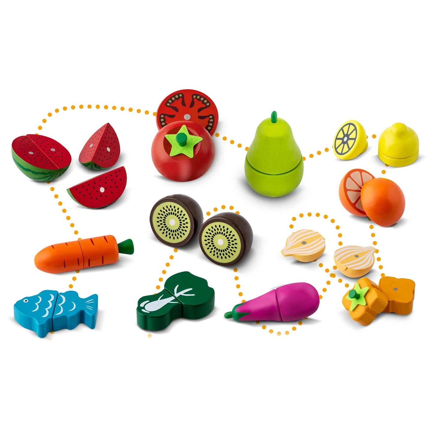 Set fruncte si legume DacEnergy, realizat din lemn, pentru feliat, cu magnet, 14 piese, 3 cutite, un tocator, ladita