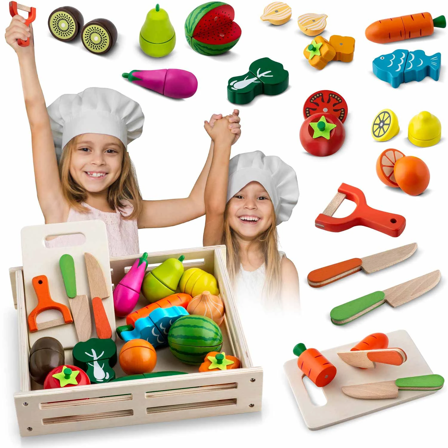 Set fruncte si legume DacEnergy, realizat din lemn, pentru feliat, cu magnet, 14 piese, 3 cutite, un tocator, ladita