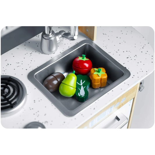 Set fruncte si legume DacEnergy, realizat din lemn, pentru feliat, cu magnet, 14 piese, 3 cutite, un tocator, ladita