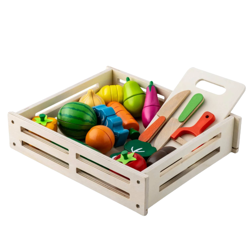 Set fruncte si legume DacEnergy, realizat din lemn, pentru feliat, cu magnet, 14 piese, 3 cutite, un tocator, ladita