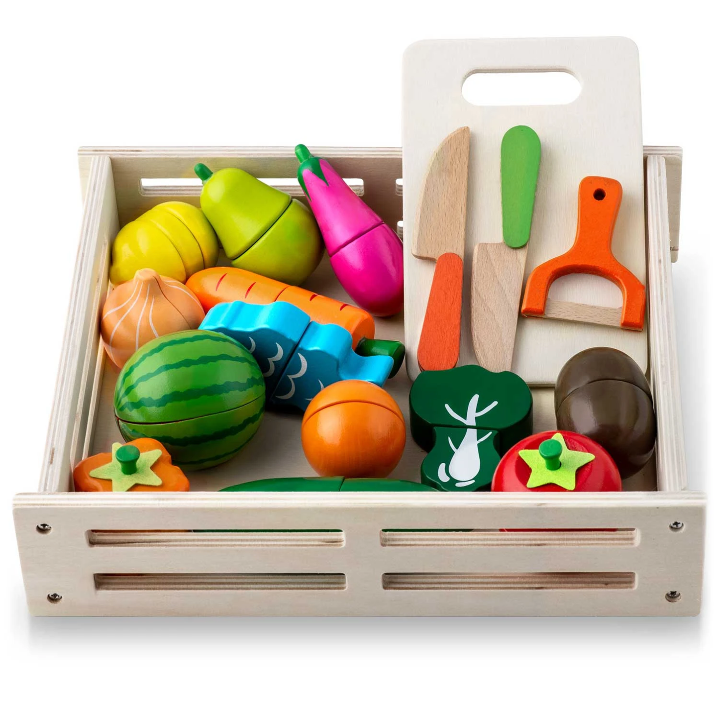 Set fruncte si legume DacEnergy, realizat din lemn, pentru feliat, cu magnet, 14 piese, 3 cutite, un tocator, ladita