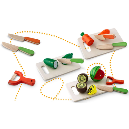 Set fruncte si legume DacEnergy, realizat din lemn, pentru feliat, cu magnet, 14 piese, 3 cutite, un tocator, ladita