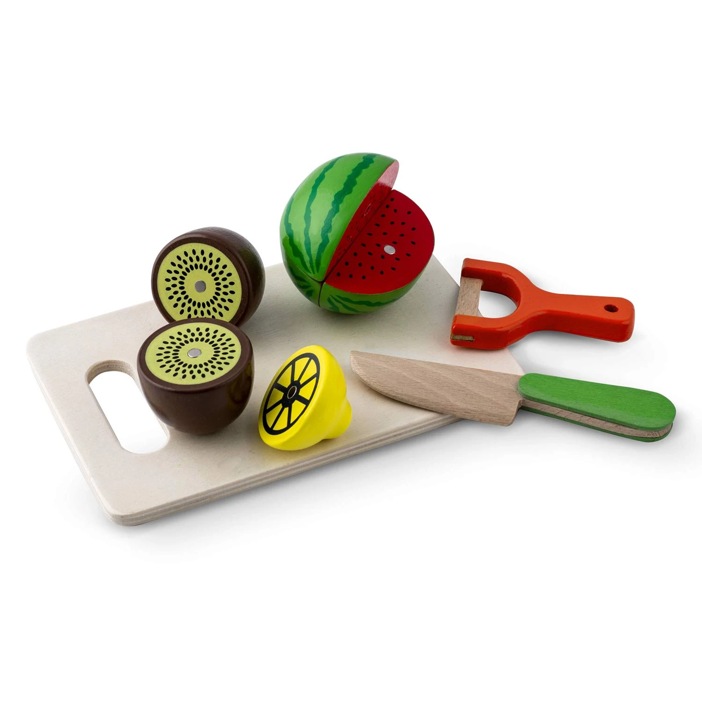 Set fruncte si legume DacEnergy, realizat din lemn, pentru feliat, cu magnet, 14 piese, 3 cutite, un tocator, ladita