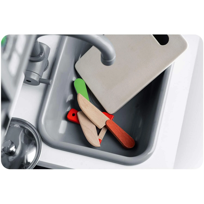 Set fruncte si legume DacEnergy, realizat din lemn, pentru feliat, cu magnet, 14 piese, 3 cutite, un tocator, ladita