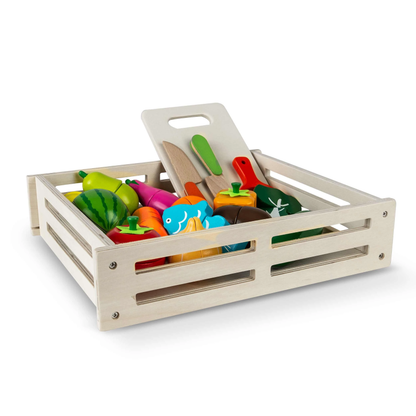 Set fruncte si legume DacEnergy, realizat din lemn, pentru feliat, cu magnet, 14 piese, 3 cutite, un tocator, ladita