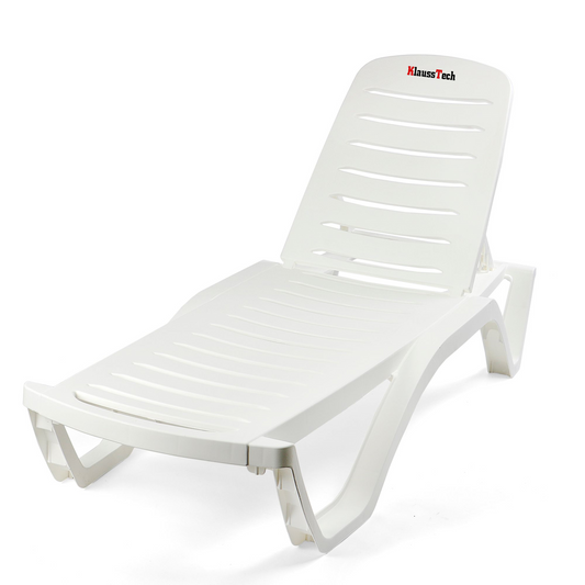 Sezlong KlaussTech de plaja/piscina, Plastic, Rezistenta la UV, Spatar Ajustabil, Rezistent la umezeala, Design confortabil, 200x72xH30,5 cm, Culoare Alb