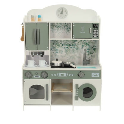 Set Bucatarie Multifunctionala pentru Copii Little Cheff din Lemn Natural, Design Modern Deluxe, Suport pentru Multiple Accesorii, Cuptor, Plita, Ceas, Expresor de Cafea, Cuptor cu Microunde, 62 x 26 x 85