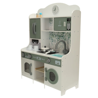 Set Bucatarie Multifunctionala pentru Copii Little Cheff din Lemn Natural, Design Modern Deluxe, Suport pentru Multiple Accesorii, Cuptor, Plita, Ceas, Expresor de Cafea, Cuptor cu Microunde, 62 x 26 x 85