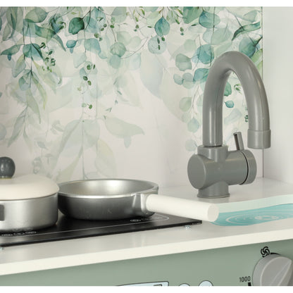 Set Bucatarie Multifunctionala pentru Copii Little Cheff din Lemn Natural, Design Modern Deluxe, Suport pentru Multiple Accesorii, Cuptor, Plita, Ceas, Expresor de Cafea, Cuptor cu Microunde, 62 x 26 x 85