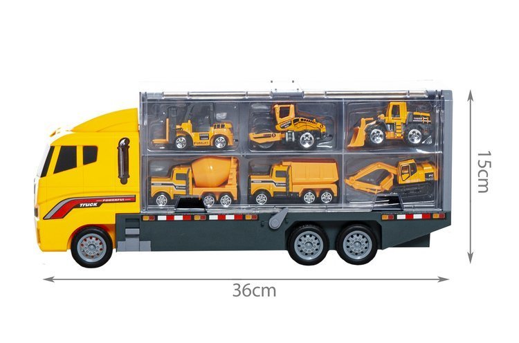 Set Jucarie Interactiva Camion Special Transporter cu 6 Vehicule, Laterale Detasabile, 36x15x9.5cm, Galben