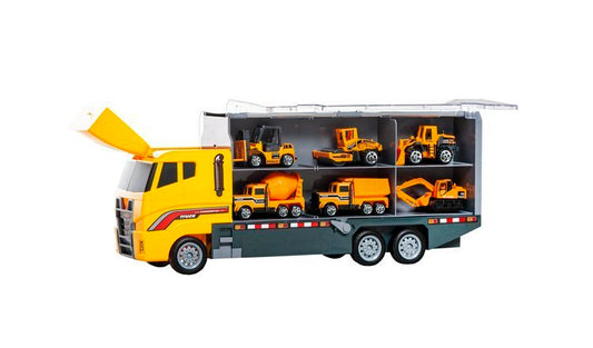 Set Jucarie Interactiva Camion Special Transporter cu 6 Vehicule, Laterale Detasabile, 36x15x9.5cm, Galben