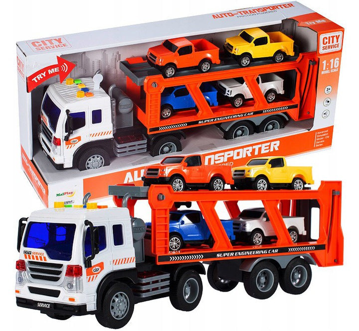 Camion Transporter Interactiv Fantastic, Echipata cu Efecte Sonore si Luminoase, Baterii 3x AG13 inclus, 39cm x 9cm x 16cm, Multicolor