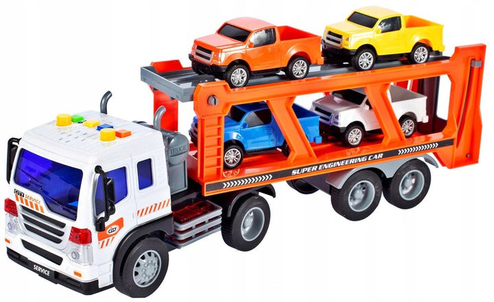 Camion Transporter Interactiv Fantastic, Echipata cu Efecte Sonore si Luminoase, Baterii 3x AG13 inclus, 39cm x 9cm x 16cm, Multicolor