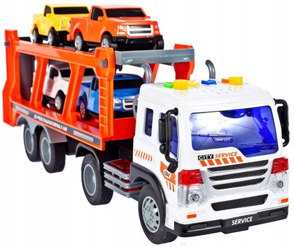 Camion Transporter Interactiv Fantastic, Echipata cu Efecte Sonore si Luminoase, Baterii 3x AG13 inclus, 39cm x 9cm x 16cm, Multicolor