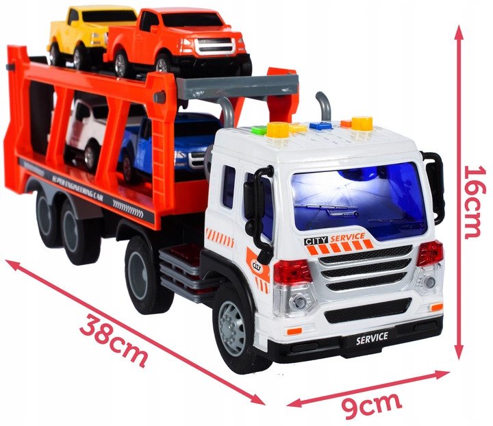 Camion Transporter Interactiv Fantastic, Echipata cu Efecte Sonore si Luminoase, Baterii 3x AG13 inclus, 39cm x 9cm x 16cm, Multicolor