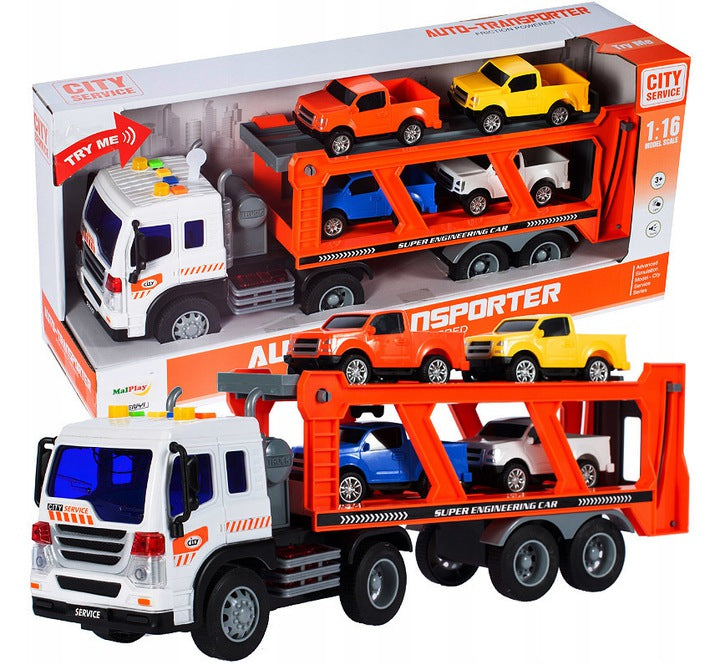 Camion Transporter Interactiv Fantastic, Echipata cu Efecte Sonore si Luminoase, Baterii 3x AG13 inclus, 39cm x 9cm x 16cm, Multicolor