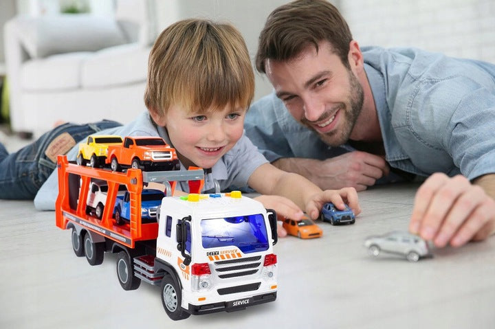 Camion Transporter Interactiv Fantastic, Echipata cu Efecte Sonore si Luminoase, Baterii 3x AG13 inclus, 39cm x 9cm x 16cm, Multicolor