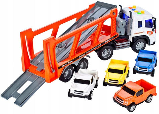 Camion Transporter Interactiv Fantastic, Echipata cu Efecte Sonore si Luminoase, Baterii 3x AG13 inclus, 39cm x 9cm x 16cm, Multicolor