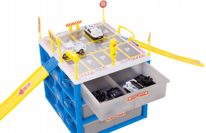 Set Parcare Interactiva cu 6 Masinute City Police pe 2 Nivele cu Heliport, Multiple Accesorii si Elemente Specifice, 31 x 24 x 21 cm, Multicolor