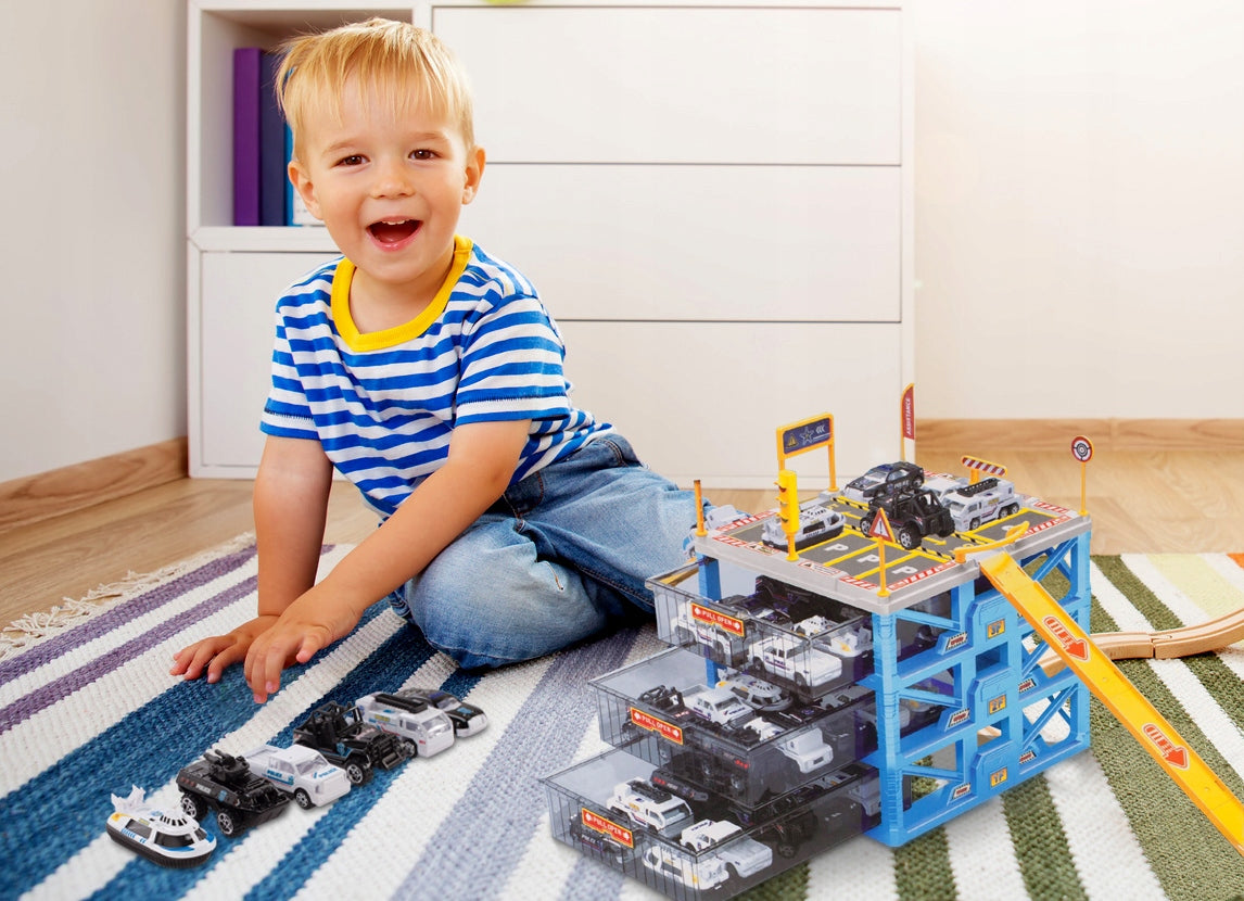 Set Parcare Interactiva cu 6 Masinute City Police pe 2 Nivele cu Heliport, Multiple Accesorii si Elemente Specifice, 31 x 24 x 21 cm, Multicolor