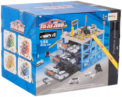Set Parcare Interactiva cu 6 Masinute City Police pe 2 Nivele cu Heliport, Multiple Accesorii si Elemente Specifice, 31 x 24 x 21 cm, Multicolor