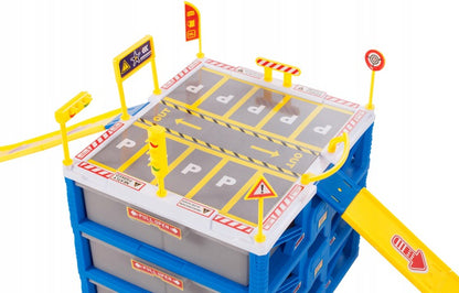 Set Parcare Interactiva cu 6 Masinute City Police pe 2 Nivele cu Heliport, Multiple Accesorii si Elemente Specifice, 31 x 24 x 21 cm, Multicolor