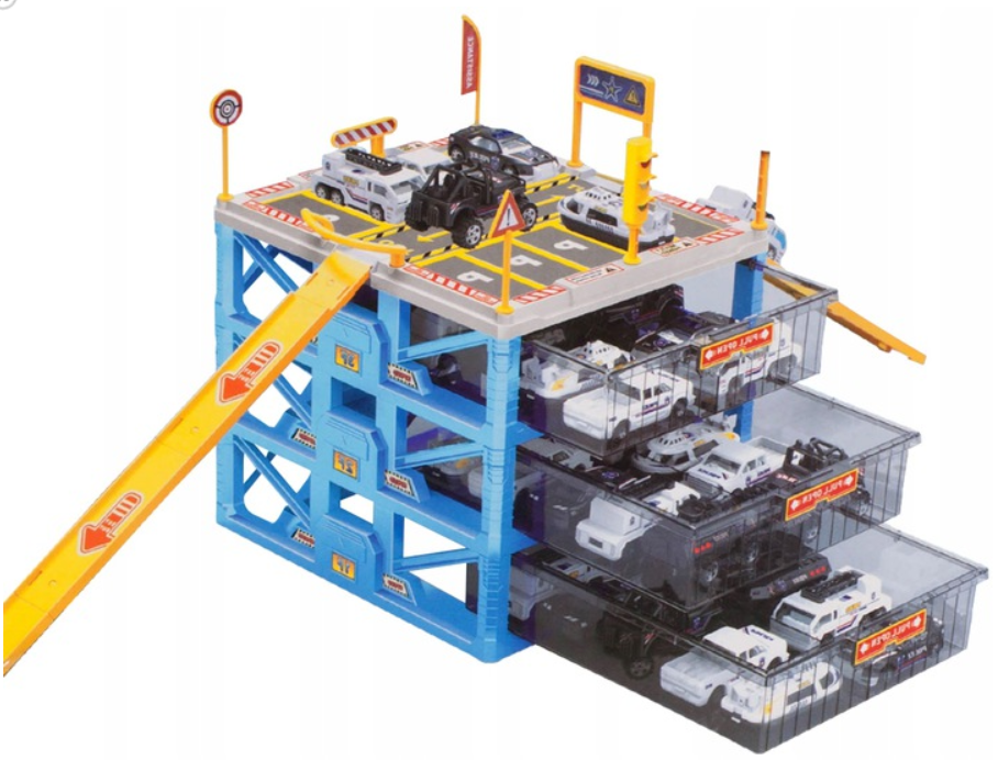 Set Parcare Interactiva cu 6 Masinute City Police pe 2 Nivele cu Heliport, Multiple Accesorii si Elemente Specifice, 31 x 24 x 21 cm, Multicolor