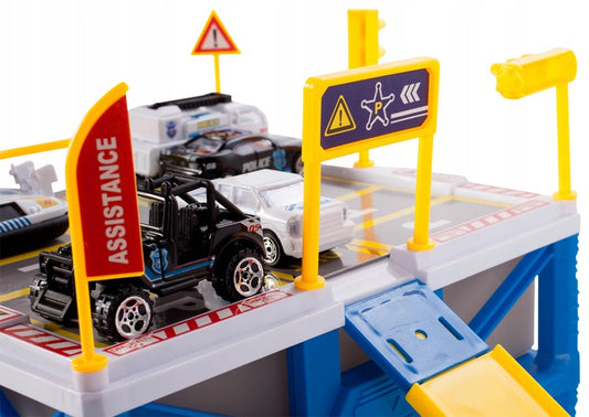 Set Parcare Interactiva cu 6 Masinute City Police pe 2 Nivele cu Heliport, Multiple Accesorii si Elemente Specifice, 31 x 24 x 21 cm, Multicolor