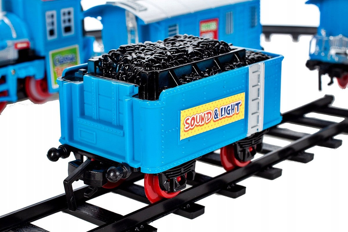 Set Trenulet cu Trei Vagoane Interactive Detasabile, Actionate Electric, Design Modern, Sunete si Lumini Specifice, 354 cm